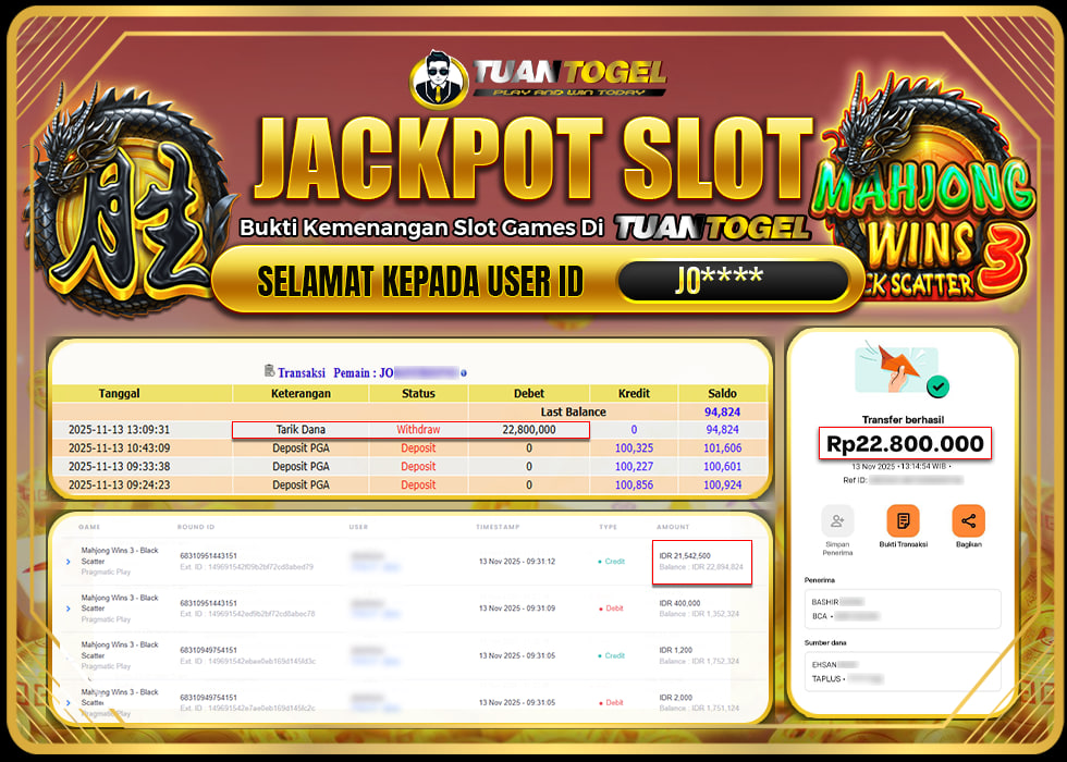 TUANTOGEL JACKPOT SLOT MAHJONG WINS 3 -BLACK SCATTERRp22.800.000,- LUNAS